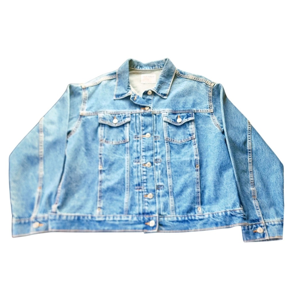 Old Navy Denim Trucker Utility Jacket Relaxed Fit Distressed Medium Wash XL